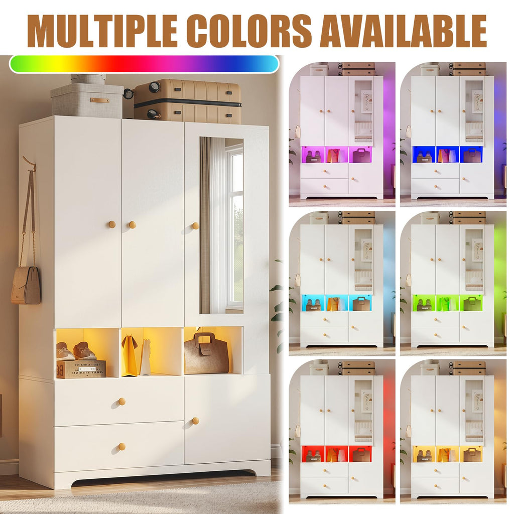 3‐Door Armoire Wardrobe Closet, 71" Bedroom Cabinet with Mirror