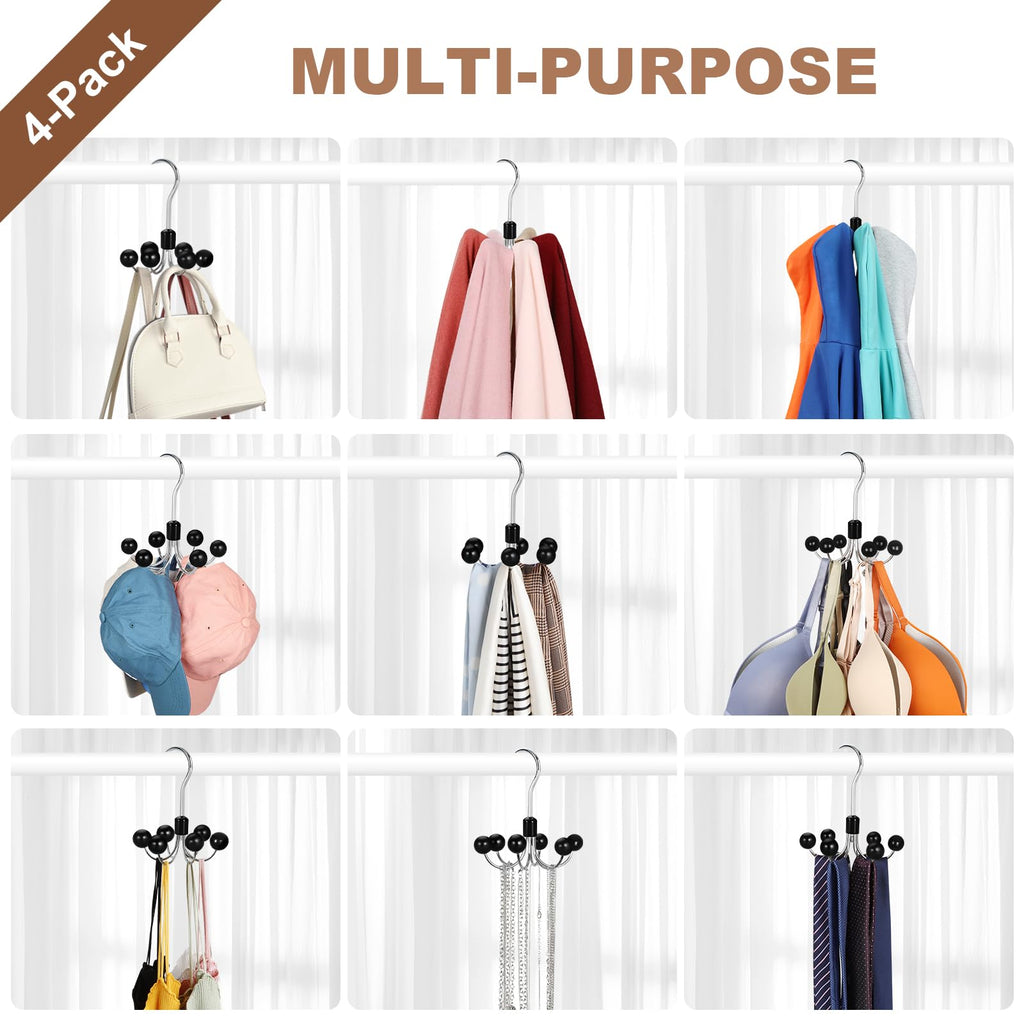 Hoodie Hangers 4-Pack with 6 Wood Balls, 360°Swivel Purse Hanger, Scarf Hanger, Closet Hooks, Handbag Organizer, Bra