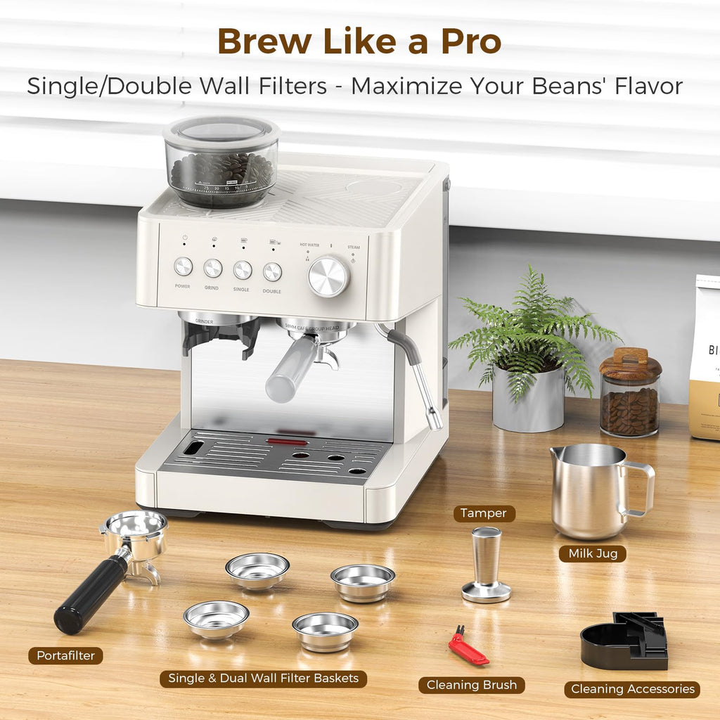 15-Bar Expresso Coffee Machines, Commercial Espresso Machine with Grinder, Milk Frother/Steam Wand & Tamping Tools
