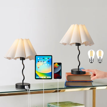 Pleated Table Lamp, Set of 2 Table Lamps, Bedside Lamps for Nightstand with Linen Lampshade, Modern Lamp Home Office