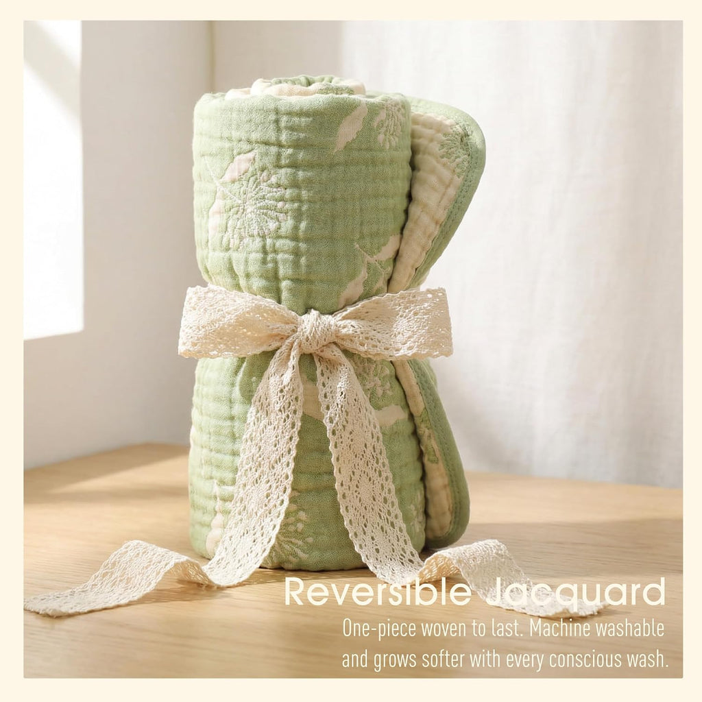 Muslin Baby Blanket, Organic Cotton Blend Jacquard (Matcha Floral)