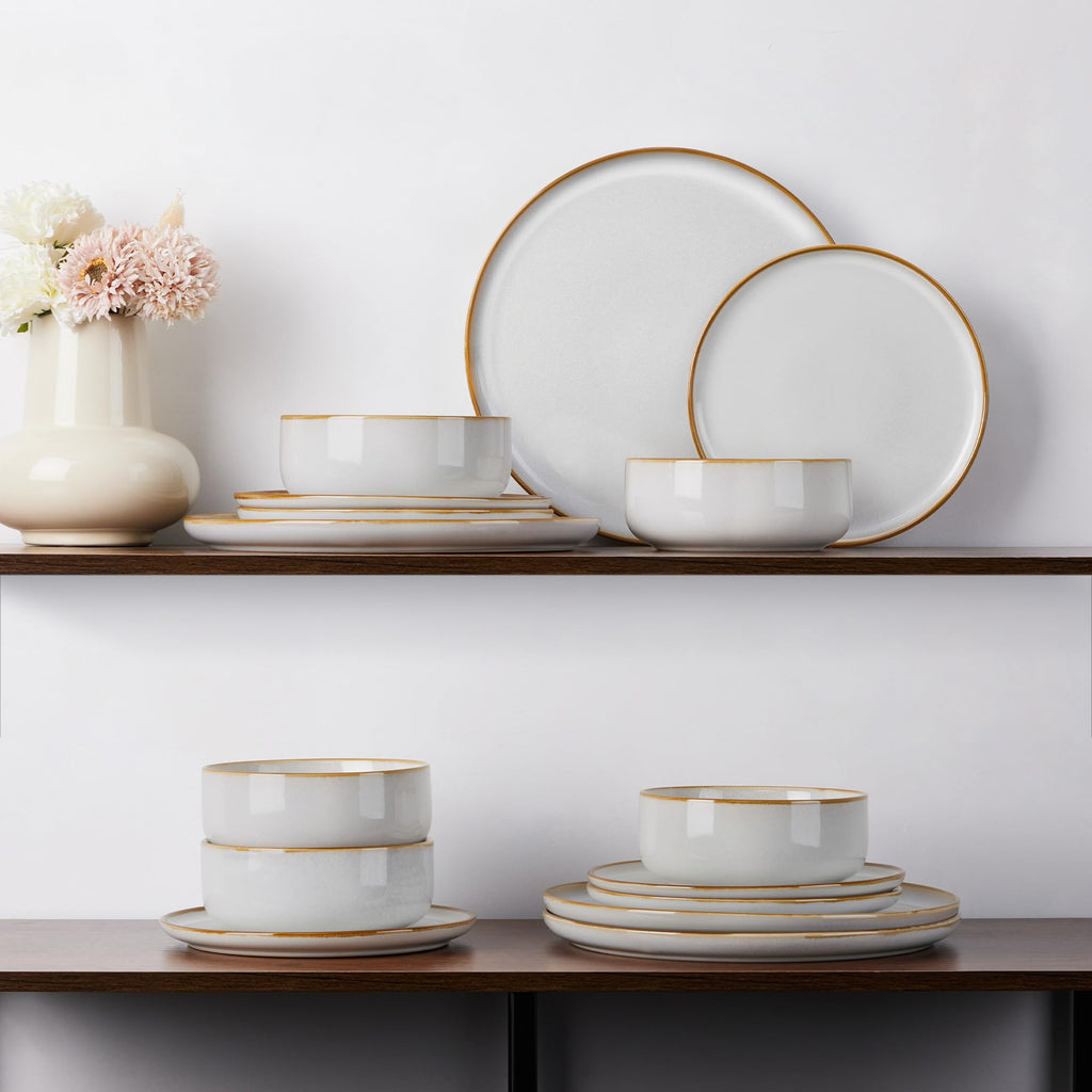 Dinnerware Sets for 6, 18-Piece Stoneware Plates and Bowls Set, Reactive Glaze Dinning Ware Dishes Set, Microwave &