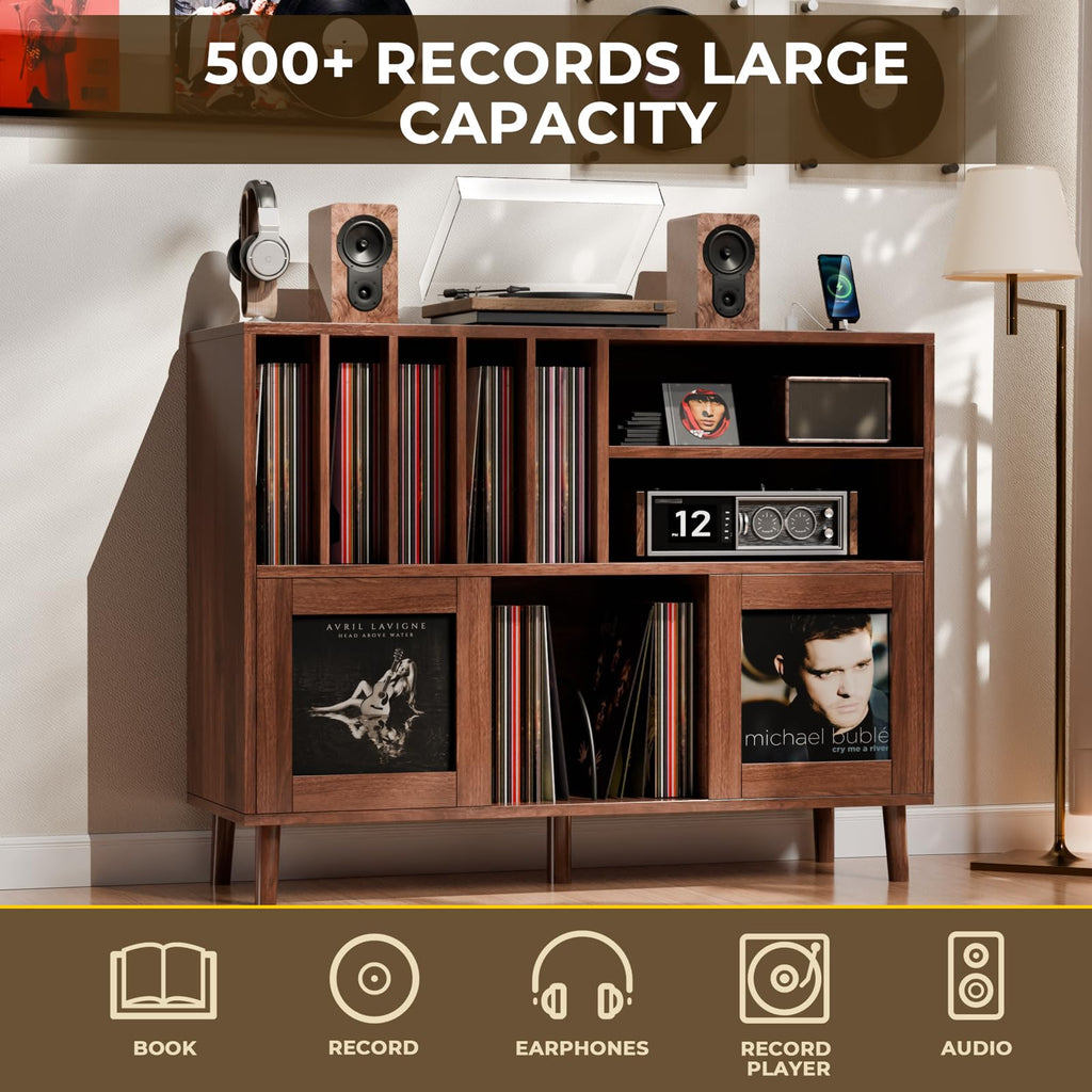XL Record Player Stand with Sliding Doors, 500+ Vinyl Record Storage Cabinet