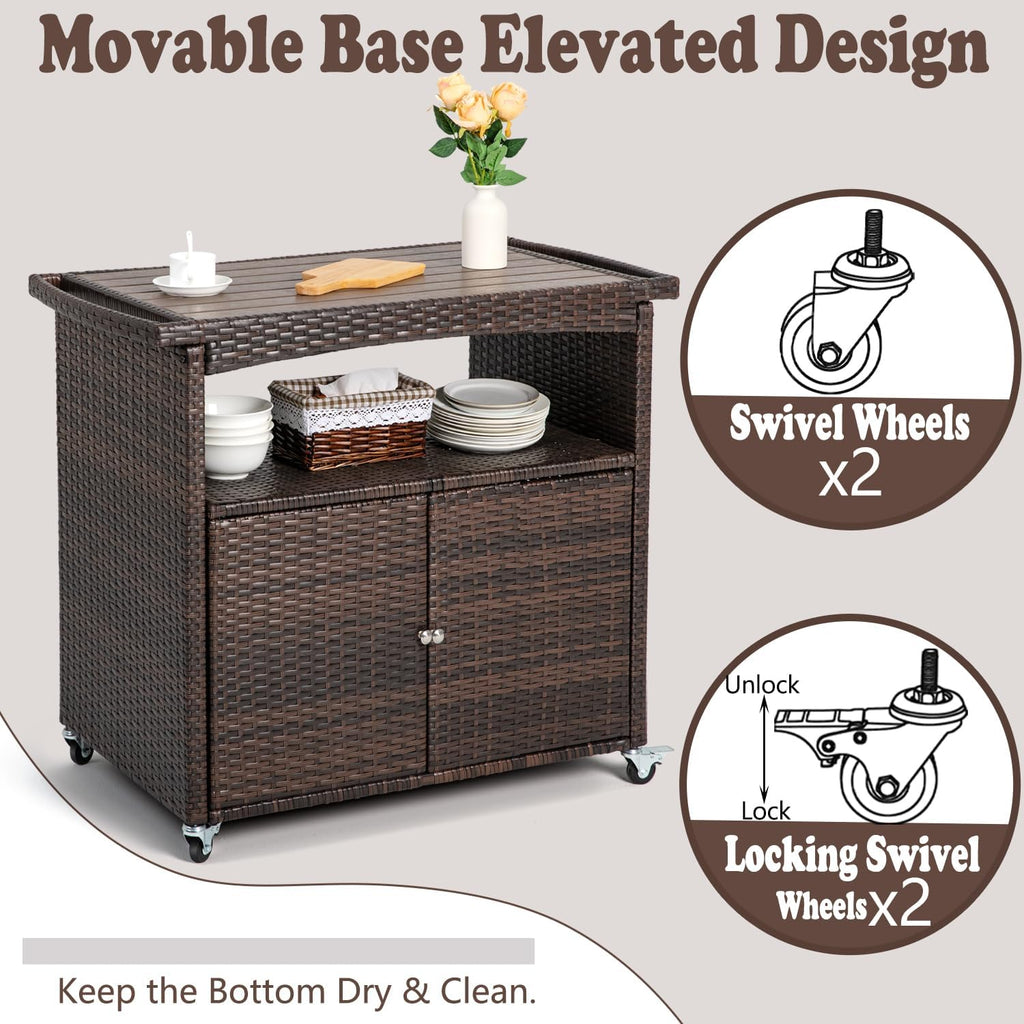 Outdoor Storage Cabinet,Outdoor Cabinet Outdoor Bar Cart with Rolling Heels Patio Bar Table with Storage Wicker