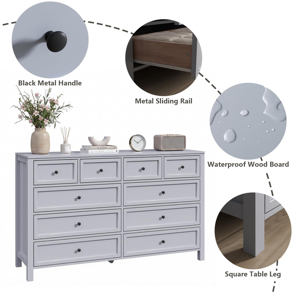 Grey with 10 Drawers, Farmhouse Chest of Drawers