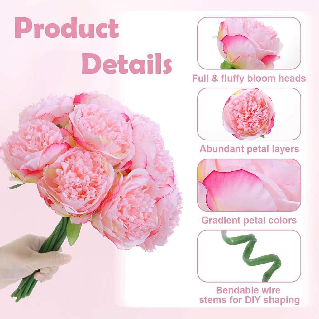 Deep Pink Realistic Silk Peonies Bouquet, Waterproof & UV Resistant Faux Peony Flowers, All-Weather Artificial - Set of 10