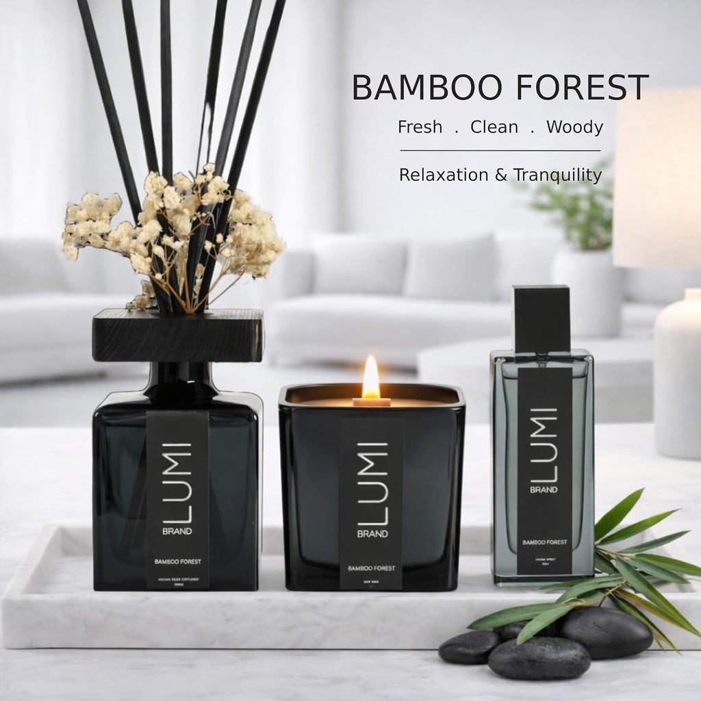Luxury Aroma Gift Set | Bamboo Forest Scent - Reed Diffuser (200ml), Wood Wick Soy Candle (200g), Room Spray(50ml)