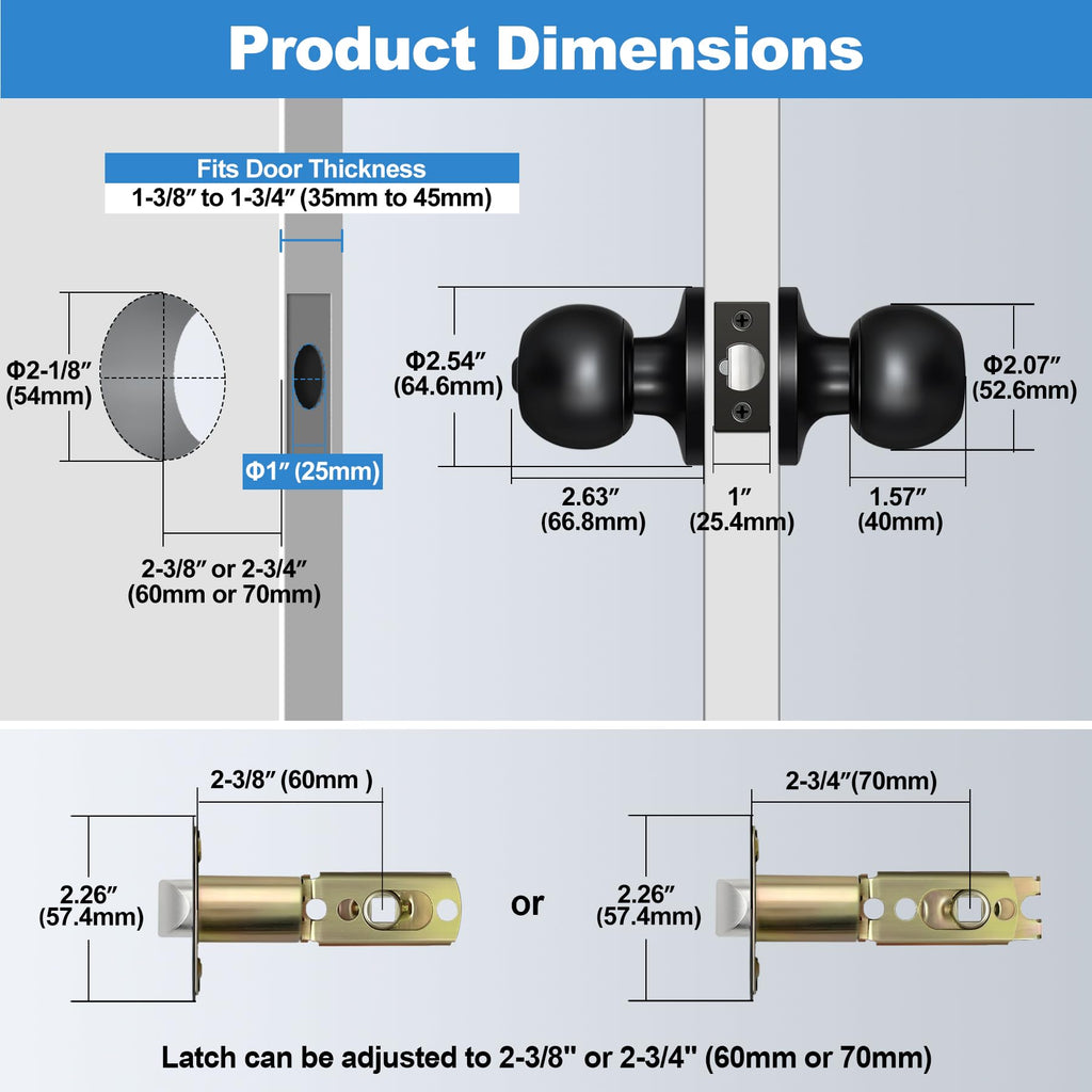 5 Pack Door Knob with Lock and Key, Keyed Different, Matte Black