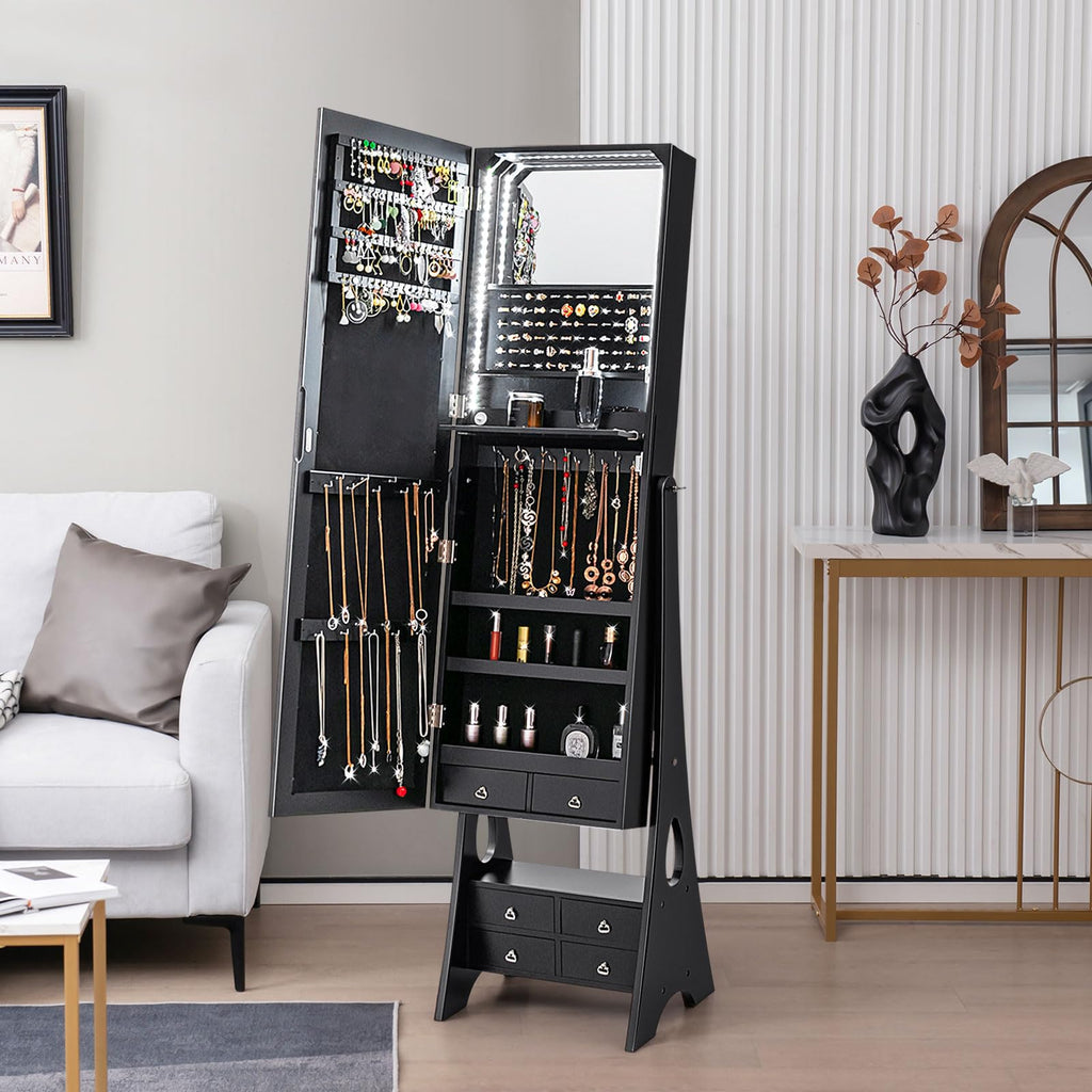 Jewelry Cabinet with Full Length Mirror & LED Light Strip, Black