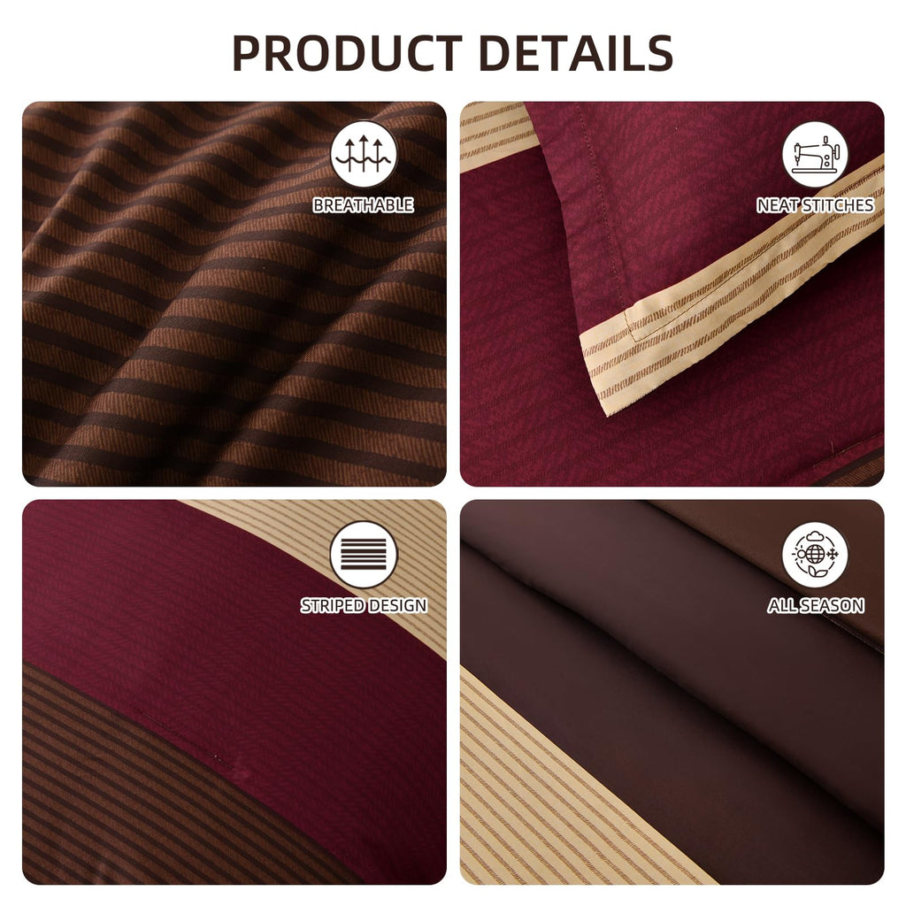 Red and Brown Comforter Set, Boho Burgundy Striped Bedding Comforter Set 7 Piece Bed in a Bag, Soft