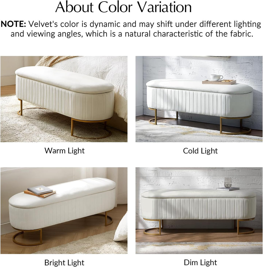 50.5" Velvet Storage Bench with Gold Legs, Modern End of Bed Bedroom Benches, Upholstered Flip Top Window Ottoman