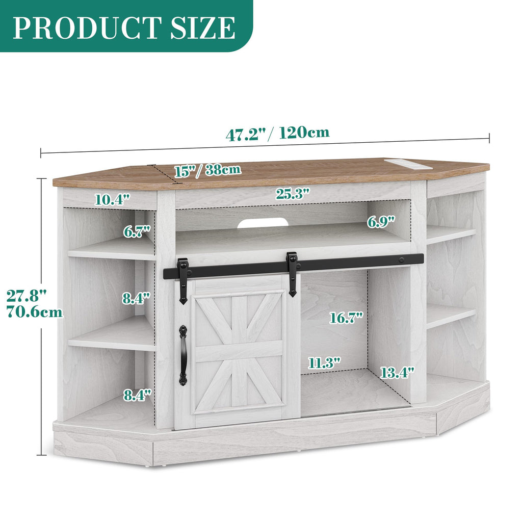 Corner TV Stand with Sliding Barn Door & Power, Storage, Grey Wash