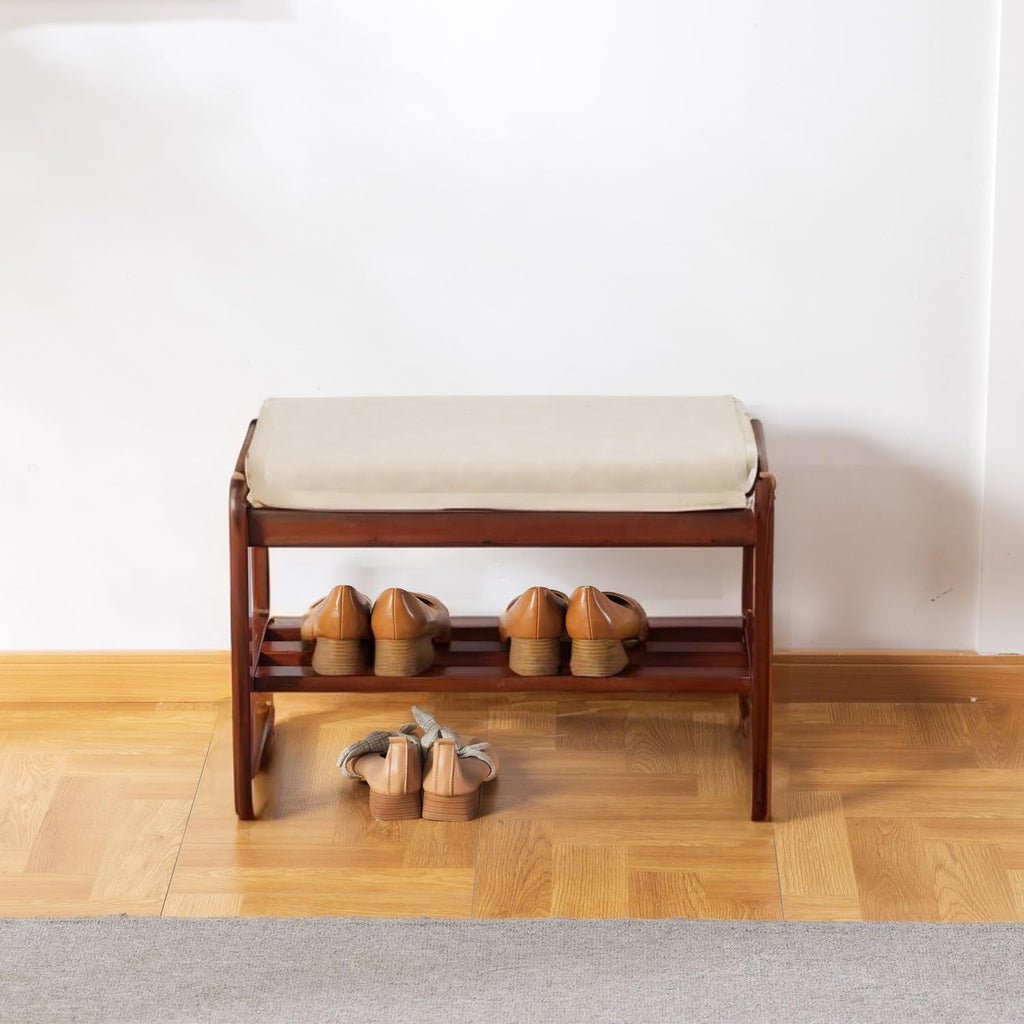 Solid Wood Bench, Entryway Shoe Bench with Cushion, 2 Tier Shoe Storage Organizer (Grey, 21.65''L)