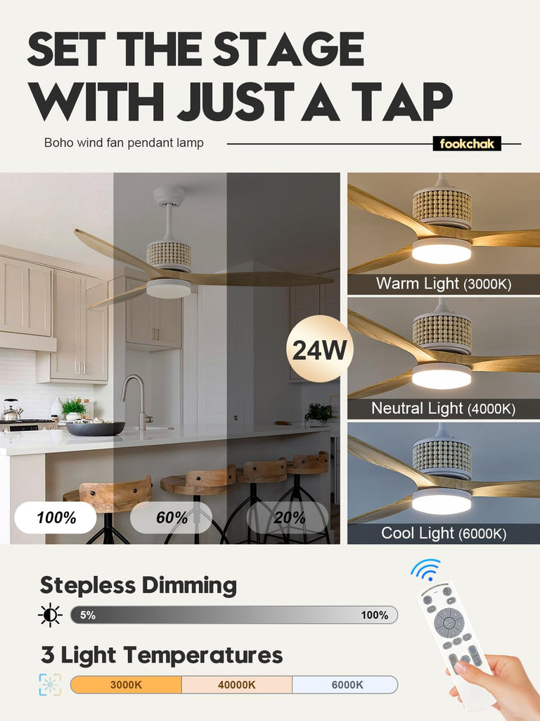 60in Boho White Ceiling Fan Lights with Remote Control 3 Blade Wood Bead Ceiling Fans with Light Coastal Natural Wood