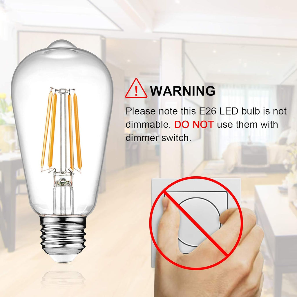 Vintage LED Edison Bulbs, 6W, Equivalent 60W, Non-Dimmable, Warm White 2700K, ST58 Antique LED Filament Bulbs