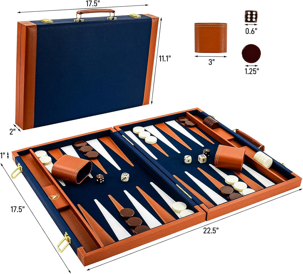 Premium Backgammon Sets for Adults, 17.5 Inch Large Backgammon Board Games, Portable PU Leather Travel Backgammon Set