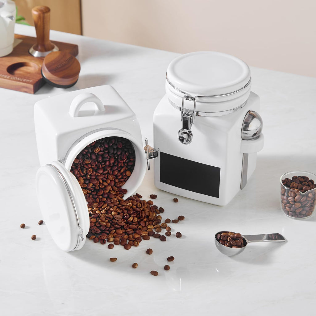 Ceramic Coffee Canister with Airtight Lid and Scoop, Large 74 Fl Oz / 2.2 L Kitchen Food Storage Container Jar for