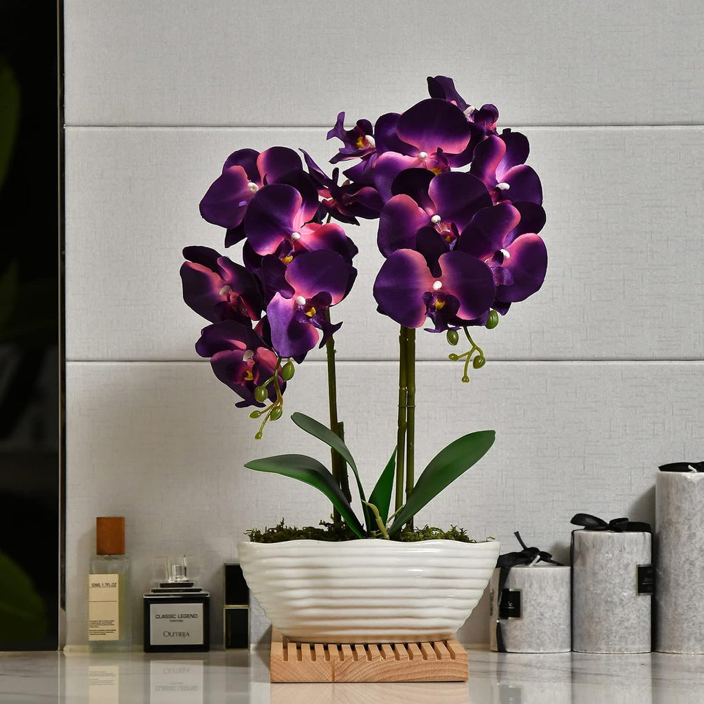 Large Artificial Orchid Arrangement in Oval Ribbed Ceramic Pot, Dark Purple