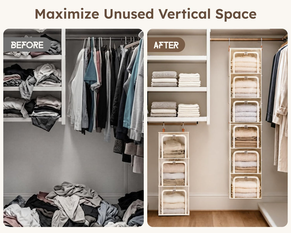 6-Tier Modular Hanging Closet Organizer Shelves, Beige