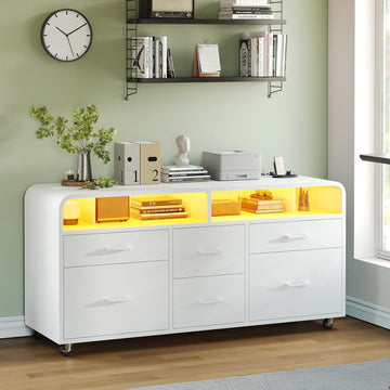 6 Drawers File Cabinet with Power Strip fits Legal/Letter/A4 Size | 47" Wood Mobile Lateral Filing Cabinet , Printer
