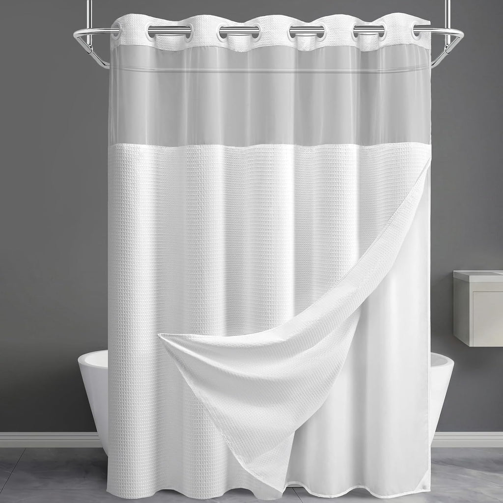 No Hook Shower Curtain with Snap in Fabric Liner,Waffle Hotel Style Waterproof Bathroom Curtain Set White 75" L x 72"
