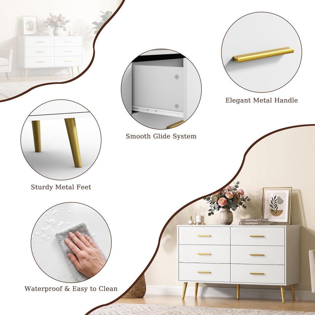 White 6 Drawer, 47" Wood with Gold Handles.