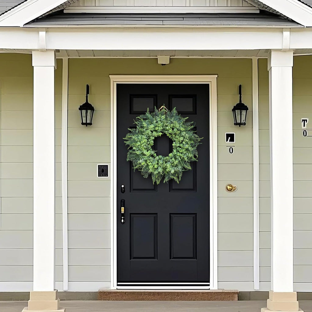 26" Artificial Eucalyptus & Boston Ferns Wreath for Front Door (Gray-Green)