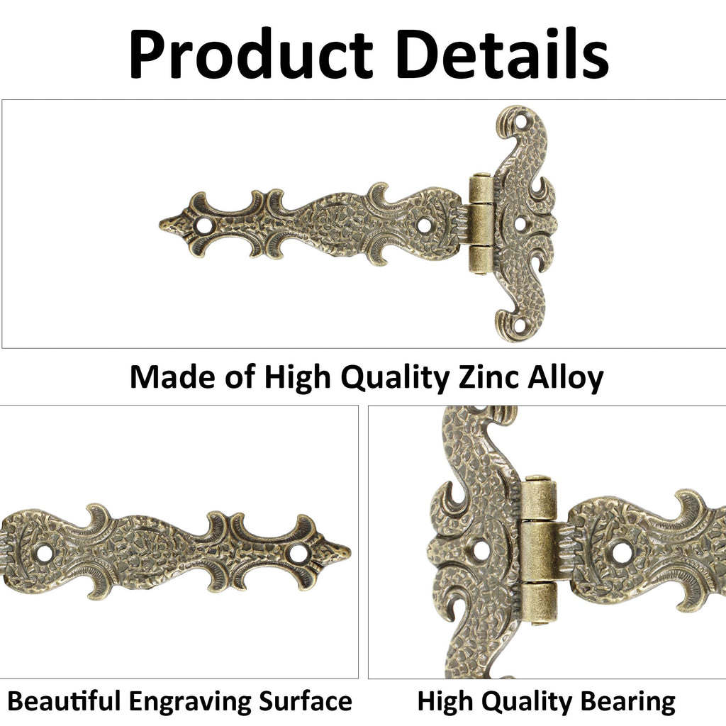 6PCS 4.45" x 2.72" T-Strap Hinges Door Hinge, T Shape Engraving Design Gate Hinge, Vintage Decorative Door Box Hinge