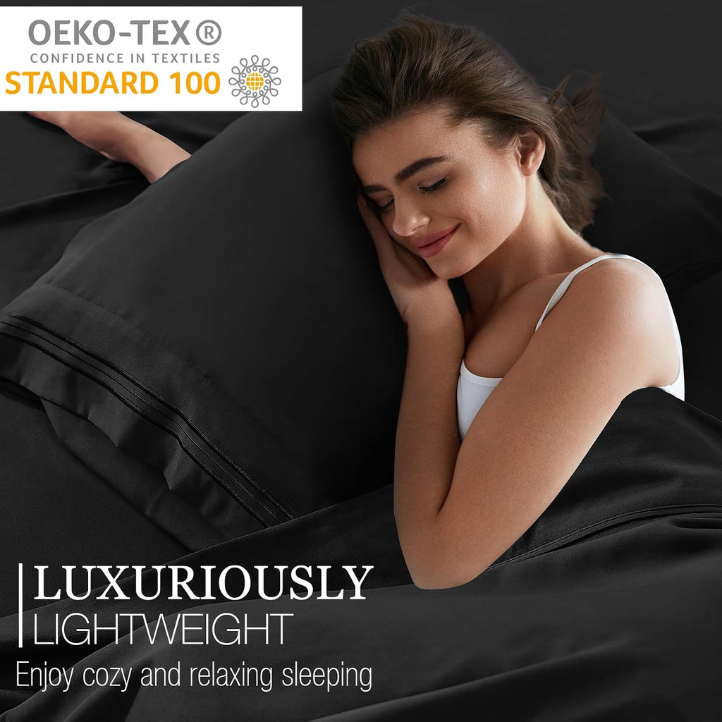 King Sheets Set Cooling Deep Pocket Bed Sheet Sets, Black Soft Microfiber Oeko-Tex Hypoallergenic Sheets &