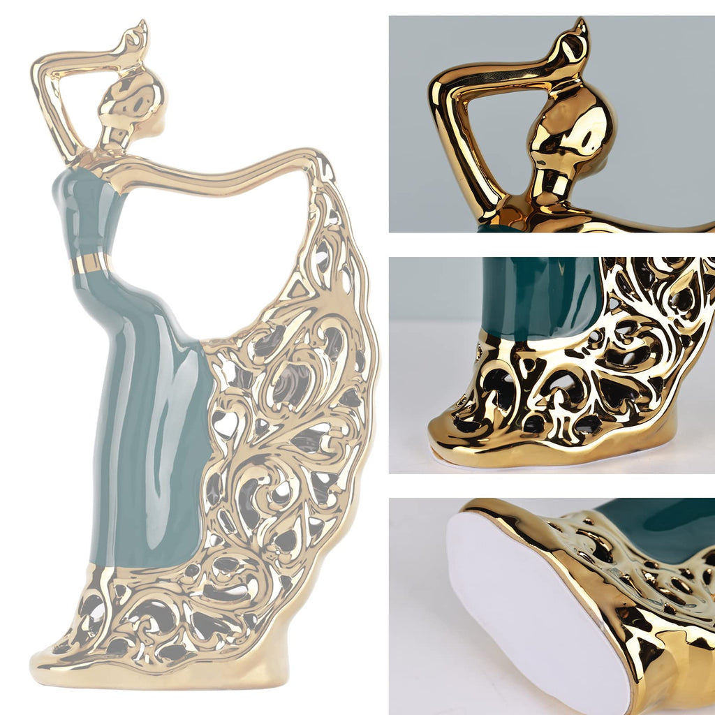 Ceramic Peacock Dancer Statue, Green and Gold Home Decor, Ballerina Sculpture, Peacock Home Decor for Room Corner