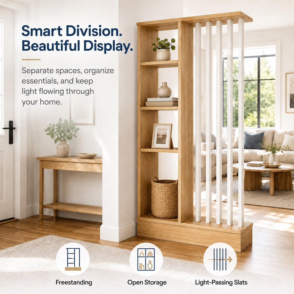 Wood Wall Room Divider with Storage Shelves Freestanding Slat Partition