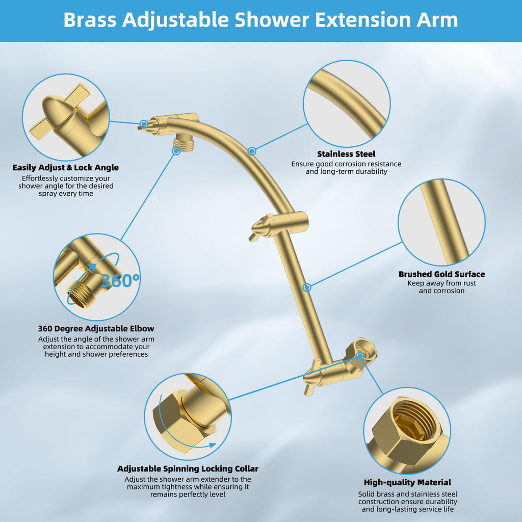 All Metal 10'' Rain Shower Head, 16'' Extension Arm, Brushed Gold