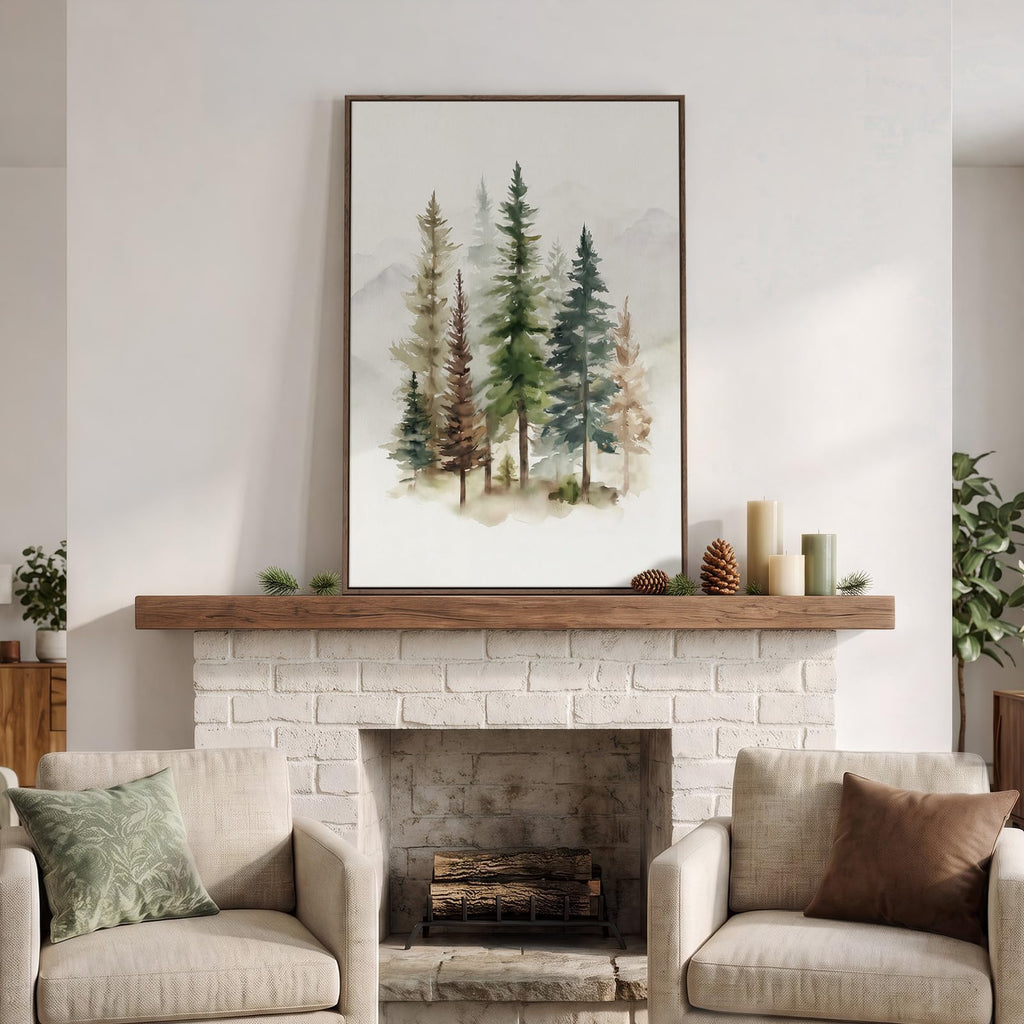 Framed Farmhouse Watercolor Pine Tree Forest Vertical Wall Art, 24x36 In