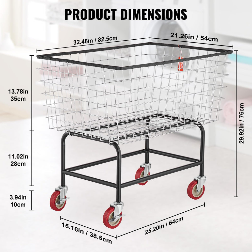 Wire Laundry Cart, 3.8Bushel Wire Laundry Basket with Wheels, 32.5''x21.3''x29.9'', Commercial Laundry Basket, Steel