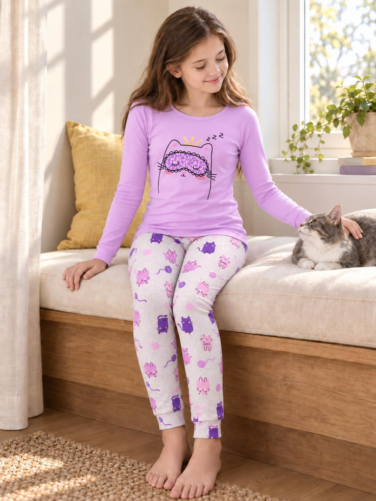 Girls Long Sleeve Piece Cotton Rib-Knit Pajamas Set