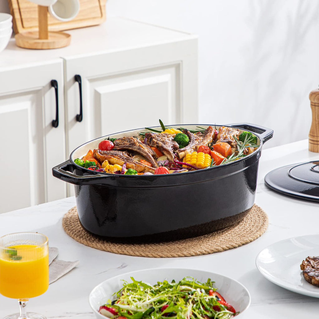 9.3 Qt Oval Enameled Cast Iron Dutch Oven with Lid, Black