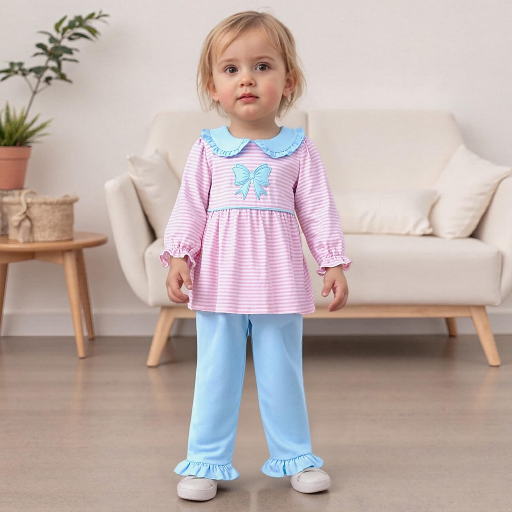 Girls Fall Outfits Strip Long Sleeve Top Solid Pants Casual Clothes Smocked Outfit Toddler Baby Outfits (Pink, )