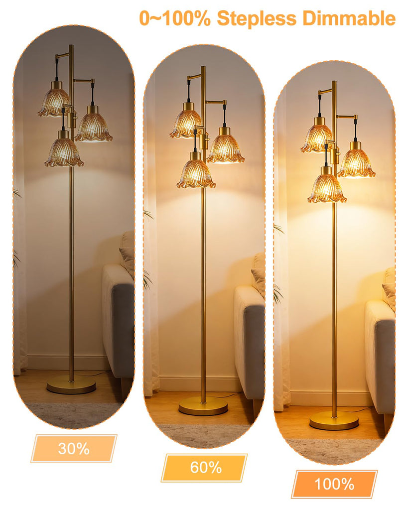 Amber Flower Glass Floor Lamp 3-Light Dimmable Gold Floor Lamps