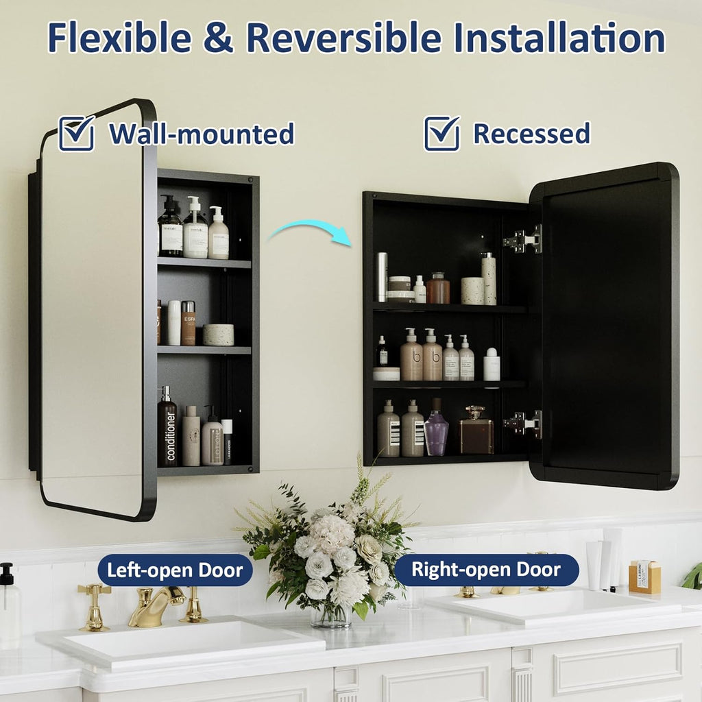 Medicine Cabinet Mirror 16x24 Inch, Black Bathroom Mirror Cabinet with Stepless Adjustable Shelves, Rounded Rectangle