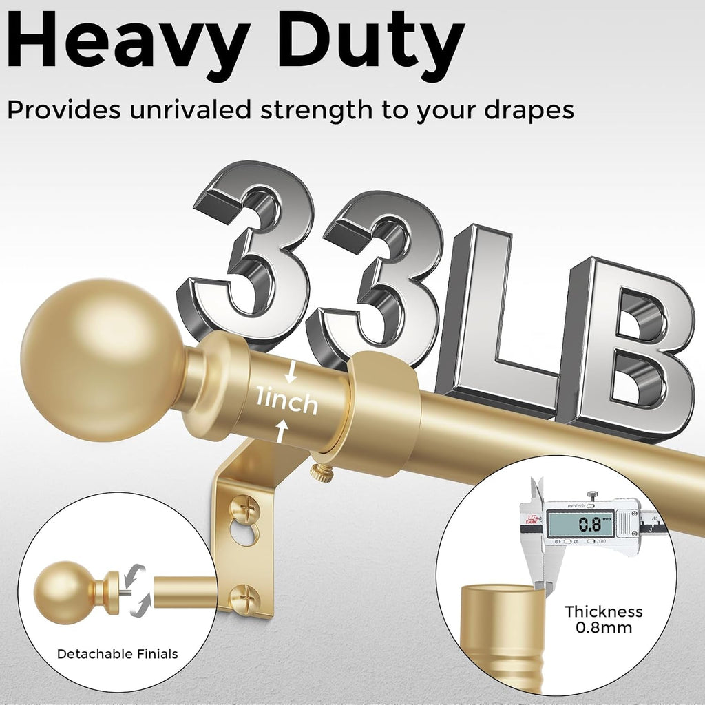 Gold Curtain Rod 36-91 Inch, 1 Inch Adjustable Heavy Duty Curtain Rods for Windows, Decorative Modern Window