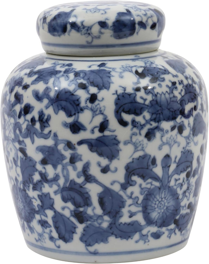 Small Decorative Ceramic Ginger Jar with Lid, Blue and White Floral Pattern