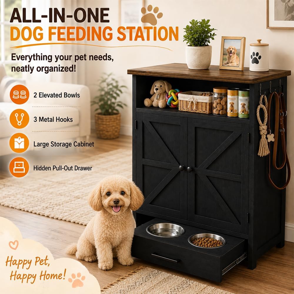 Dog Feeding Station with Storage Cabinet, Brown
