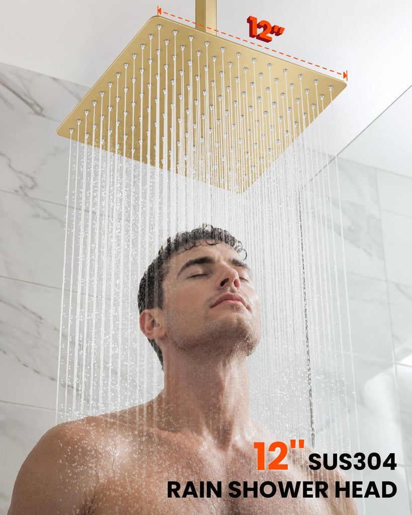 Ceiling Shower System with Handheld Brushed Gold,12 inch Head