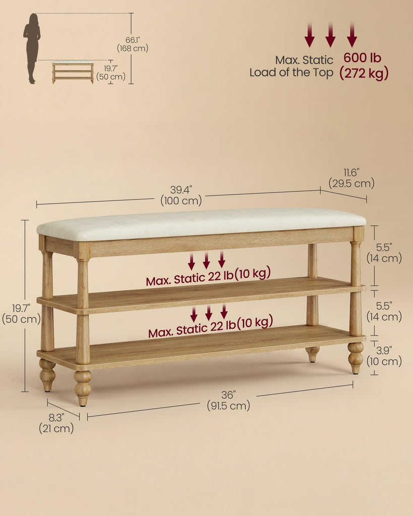 2-Tier Shoe Bench, Wooden Entryway Bench, 39.4 Inches Width