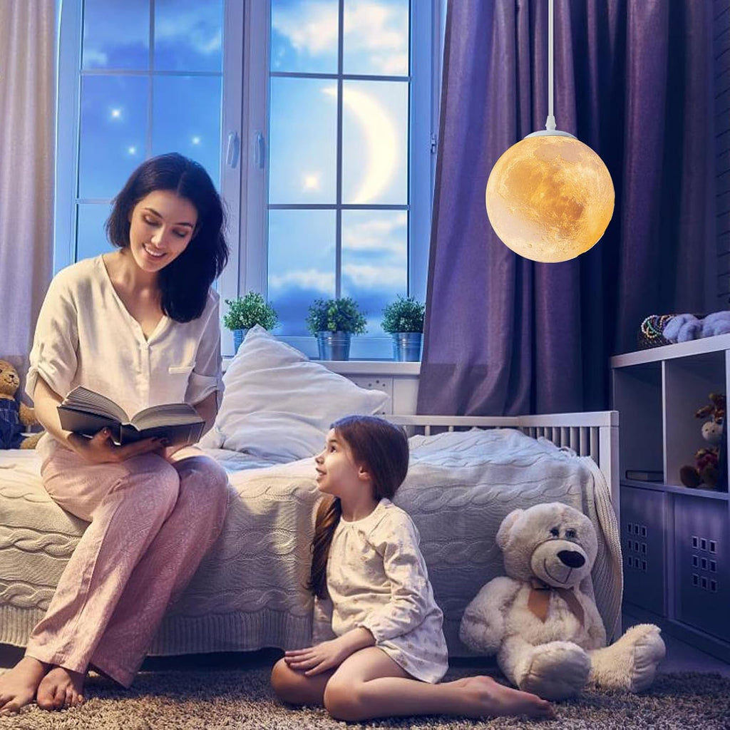 Plug-in Moon Pendant Light, Hanging Lamp with Switch & Cord, Color Dimmable LED Ceiling Lamp for Kids' Bedroom or