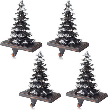 Christmas Stocking Holders for Mantle Set of 4 Snow Brown Vintage Xmas Tree with Non-Skid Stockings Holders for