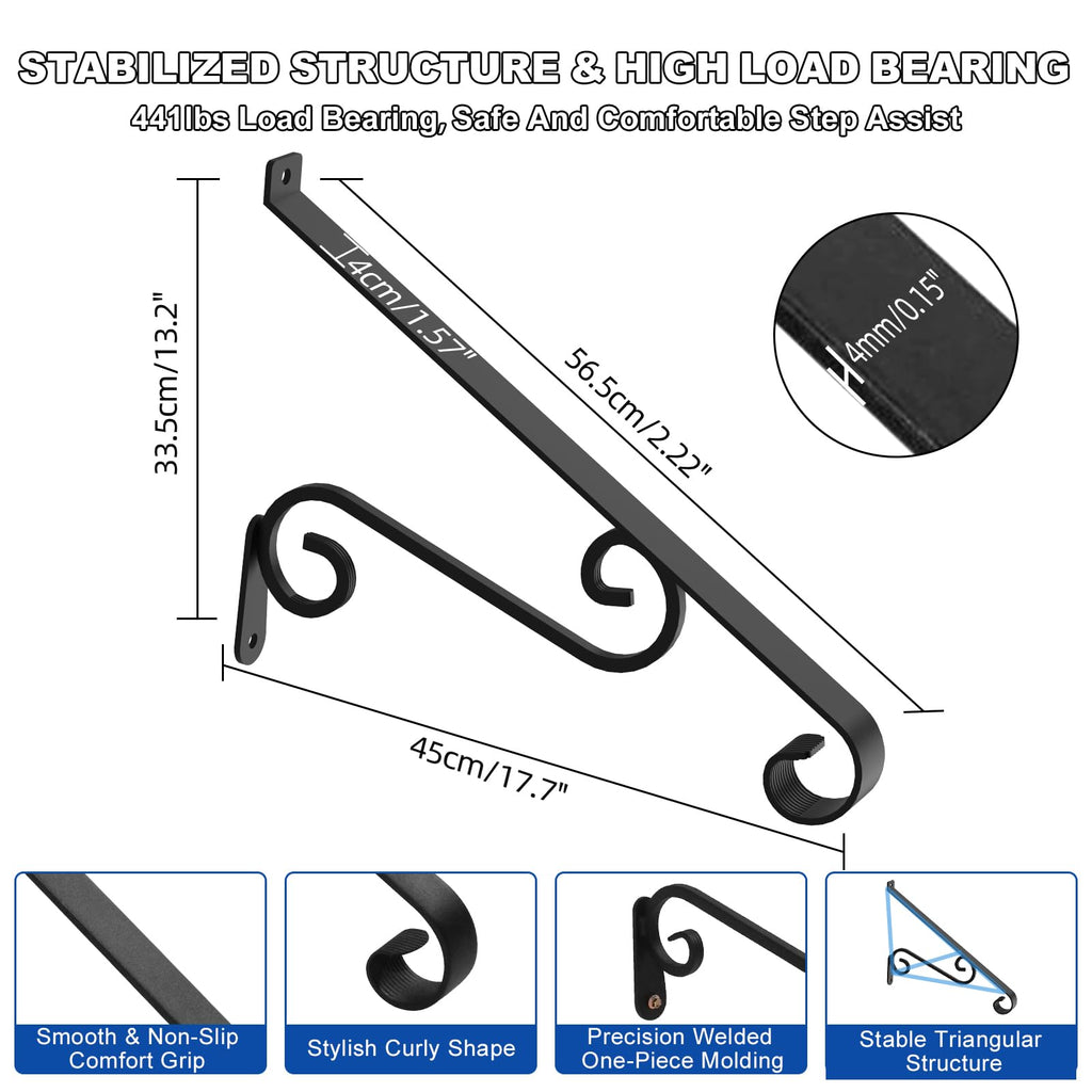 21.7" Outdoor Stair Handrails, 1-2 Steps Stairs Rails-Wall Mounted Wrought Iron Hand Railing-Staircase Grab Rail-Heavy