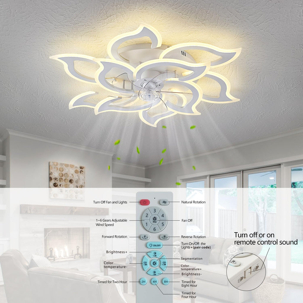 38" White Geometric Ceiling Fan with Light Remote Control, 3 Light Color 6 Speeds LED Flower Flush Mount Low Profile