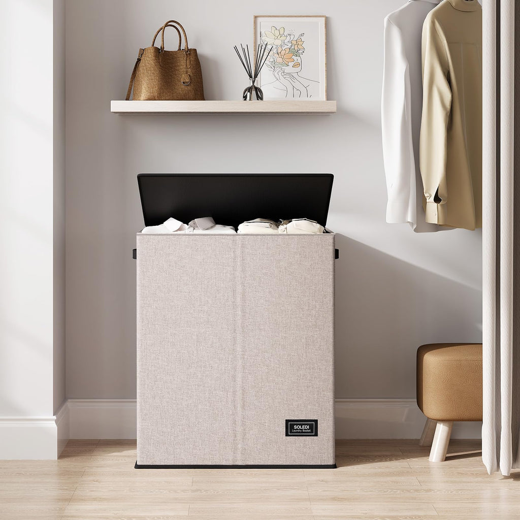 Large Double Laundry Hamper with Lid, Collapsible Clothes Hamper 2 section with Removable Bags, Space-Saving Laundry