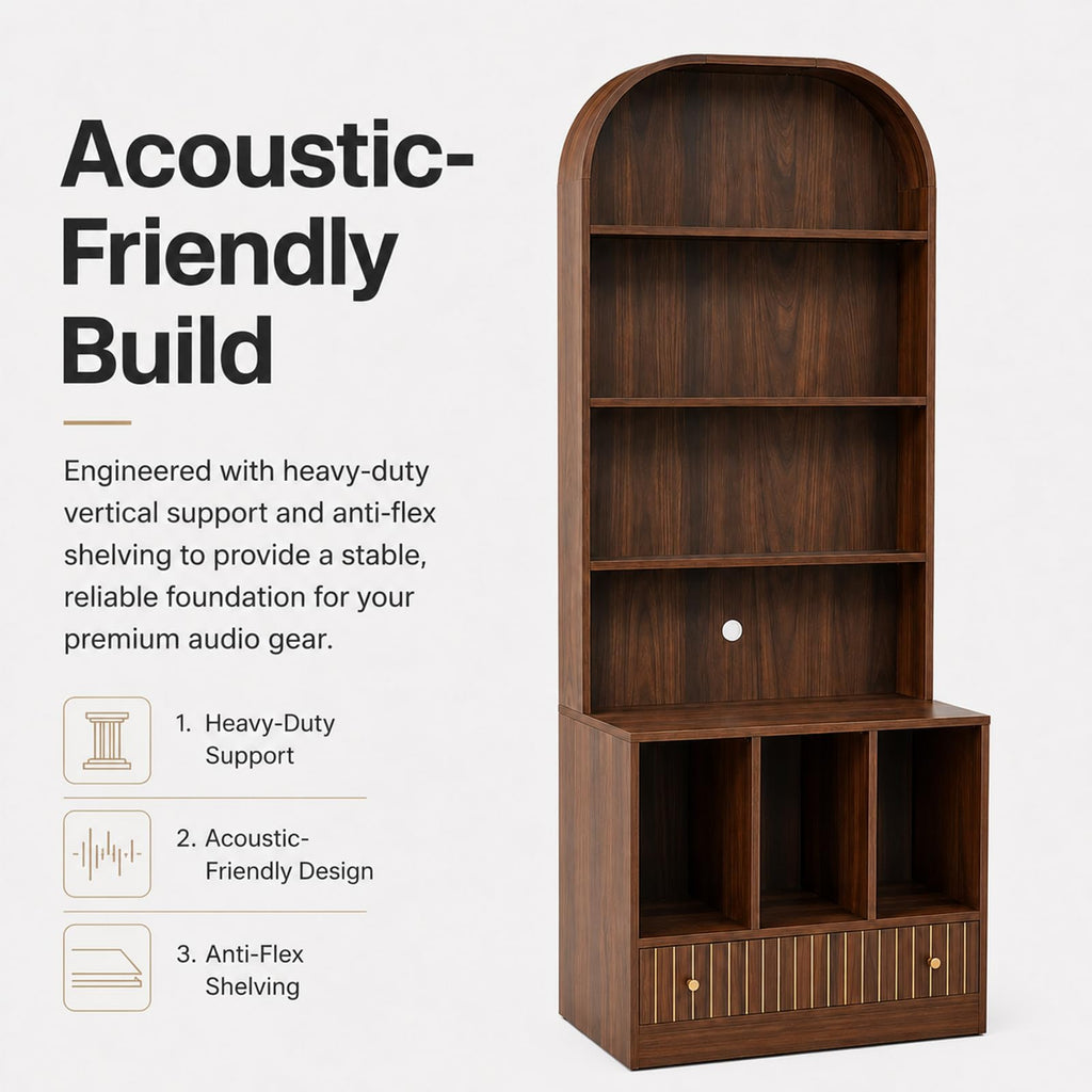 MCM Tall Record Player Bookshelf, Walnut Turntable Stand with Vinyl Storage, Drawer & Speaker Shelf, Record Player